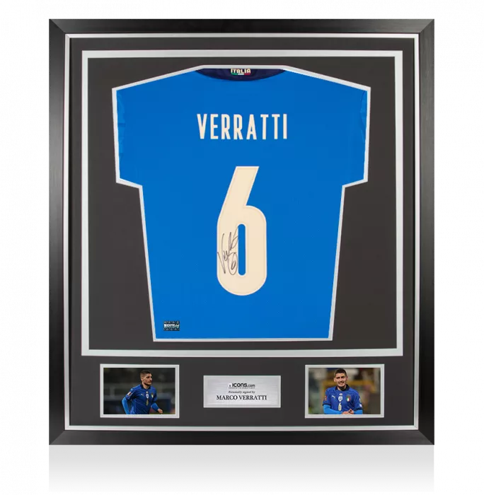 MATCH ISSUE Marco Verratti Back Signed Italy 2020 Home Shirt with Fan Style Numbers In Classic Frame