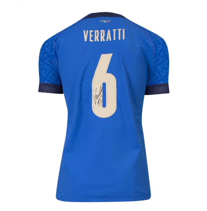 MATCH ISSUE Marco Verratti Back Signed Italy 2020 Home Shirt with Fan Style Numbers