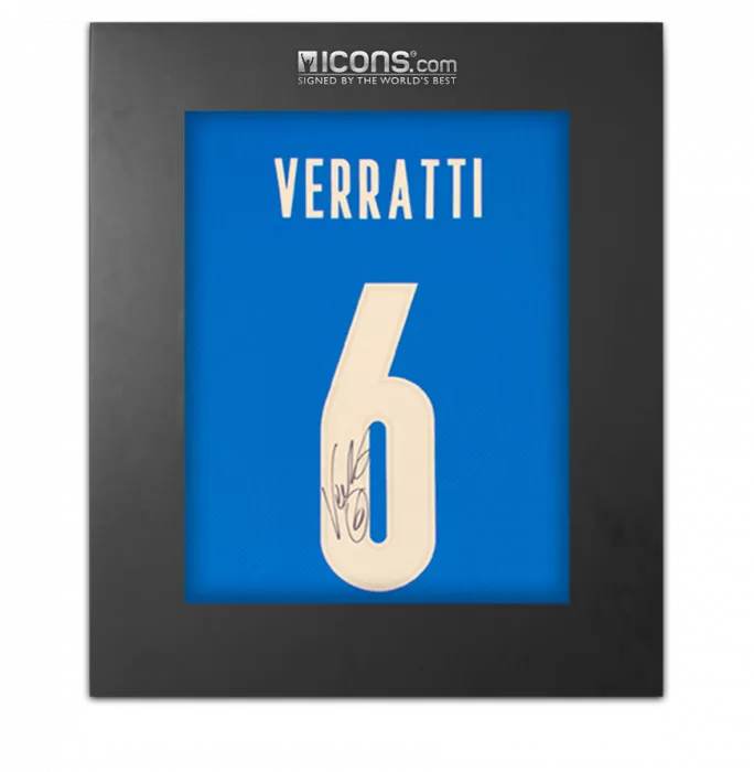MATCH ISSUE Marco Verratti Back Signed Italy 2020 Home Shirt with Fan Style Numbers In Deluxe Packaging