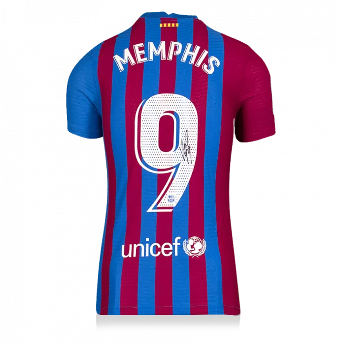 MATCH ISSUE Memphis Depay Back Signed FC Barcelona 2021-22 Home Shirt In Classic Frame