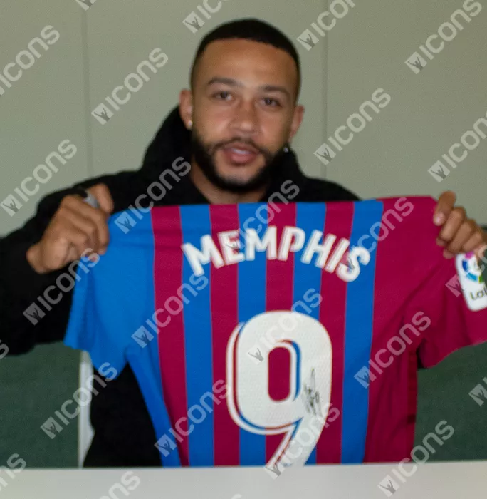MATCH ISSUE Memphis Depay Back Signed FC Barcelona 2021-22 Home Shirt In Hero Frame: Option 1