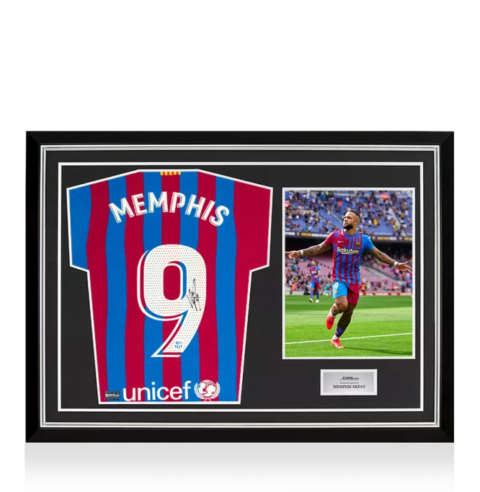 MATCH ISSUE Memphis Depay Back Signed FC Barcelona 2021-22 Home Shirt In Hero Frame: Option 1