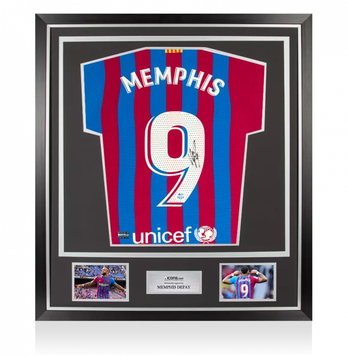 MATCH ISSUE Memphis Depay Back Signed FC Barcelona 2021-22 Home Shirt In Classic Frame