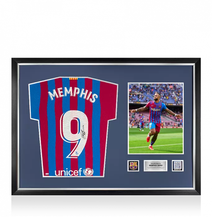 MATCH ISSUE Memphis Depay Official FC Barcelona Back Signed and Framed 2021-22 Home Shirt