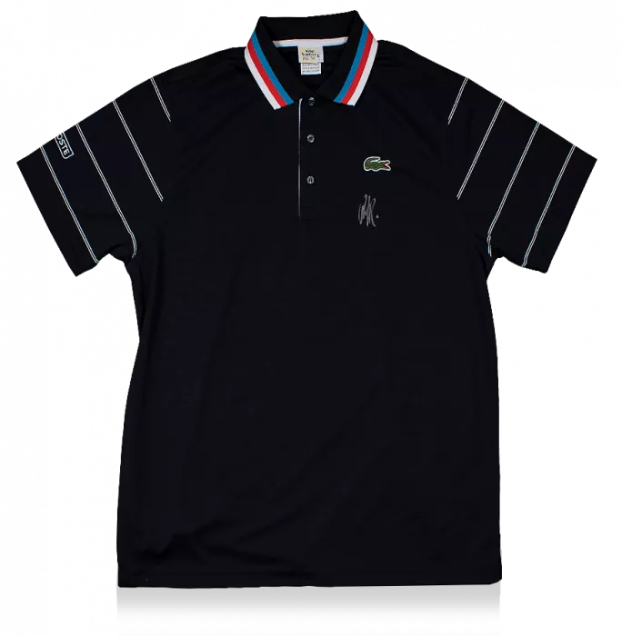 MATCH USED Andy Roddick Front Signed Black Lacoste Tennis Shirt: 2010 Australian Open In Deluxe Packaging