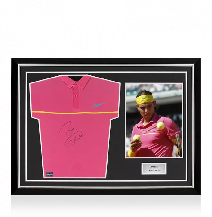 MATCH WORN Rafael Nadal Signed Pink and Yellow Nike Shirt In Hero Frame