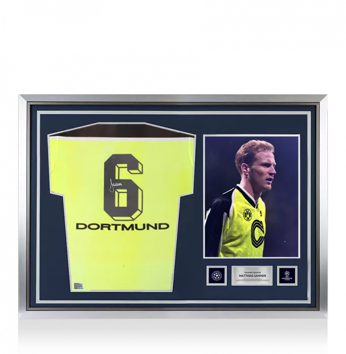 Matthias Sammer Official UEFA Champions League Back Signed and Hero Framed Borussia Dortmund 1997-98 Home Shirt
