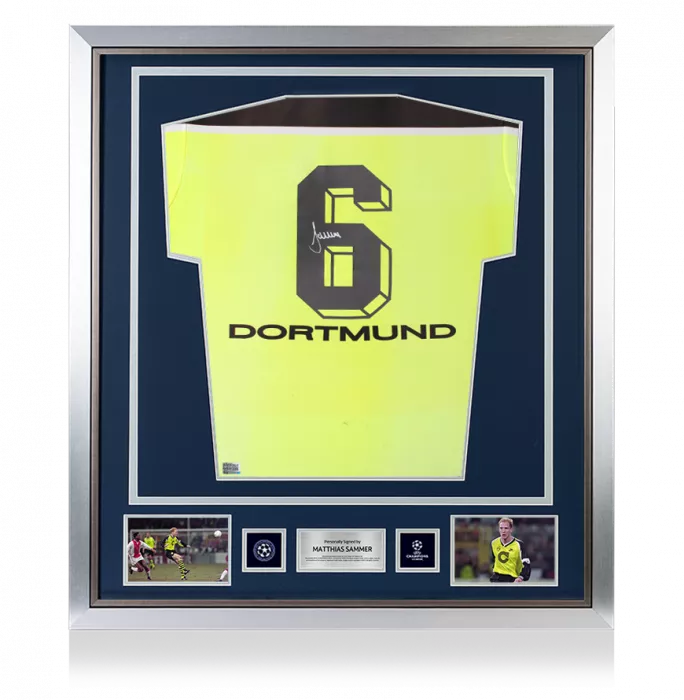Matthias Sammer Official UEFA Champions League Back Signed and Framed Borussia Dortmund 1997-98 Home Shirt