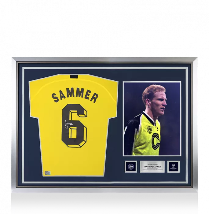Matthias Sammer Official UEFA Champions League Back Signed and Hero Framed Borussia Dortmund 2019-20 Home Shirt with Fan Style Number