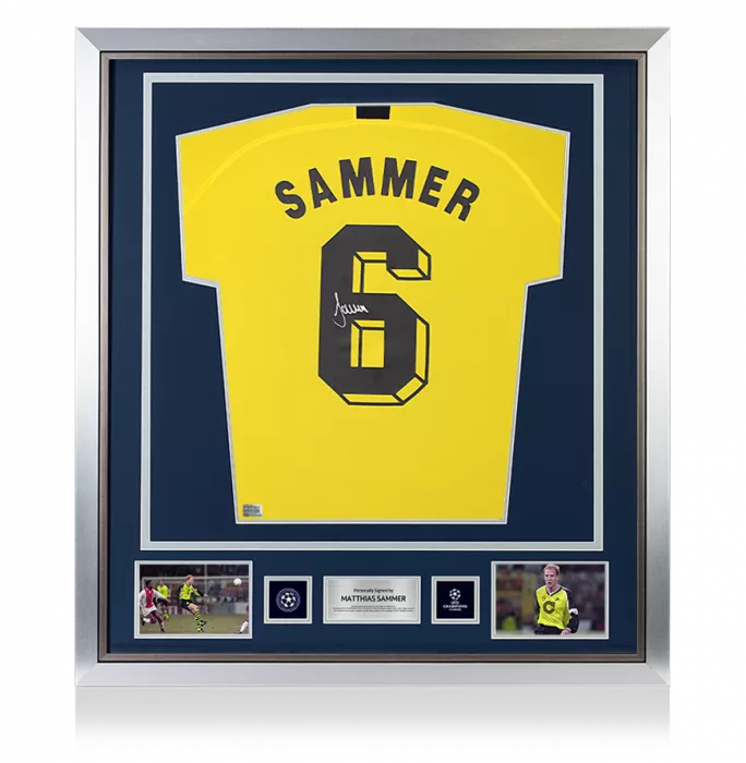 Matthias Sammer Official UEFA Champions League Back Signed and Framed Borussia Dortmund 2019-20 Home Shirt with Fan Style Number