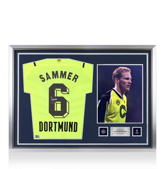 Matthias Sammer Official UEFA Champions League Back Signed and Hero Framed Borussia Dortmund 2021-22 Home Shirt with Fan Style Number