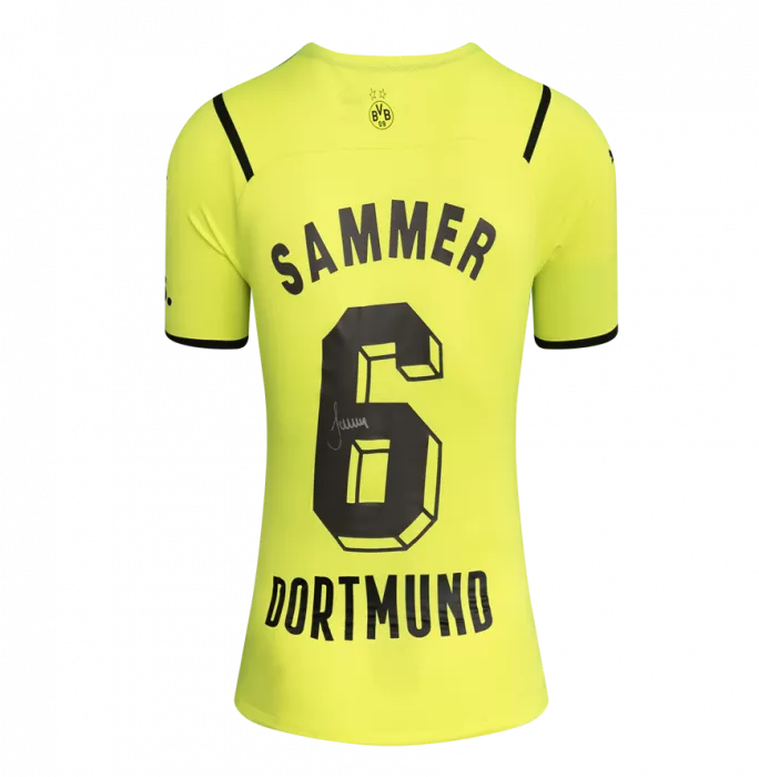Matthias Sammer Official UEFA Champions League Back Signed And Framed Borussia Dortmund 2021-22 Home Shirt With Fan Style Number
