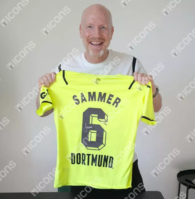 Matthias Sammer Official UEFA Champions League Back Signed And Framed Borussia Dortmund 2021-22 Home Shirt With Fan Style Number