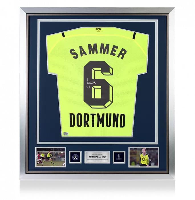 Matthias Sammer Official UEFA Champions League Back Signed and Framed Borussia Dortmund 2021-22 Home Shirt with Fan Style Number