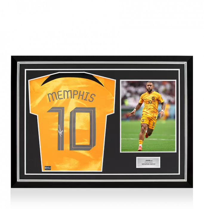 Memphis Depay Back Signed Netherlands 2022-23 Home Shirt with Fan Style Numbers In Hero Frame: Option 1