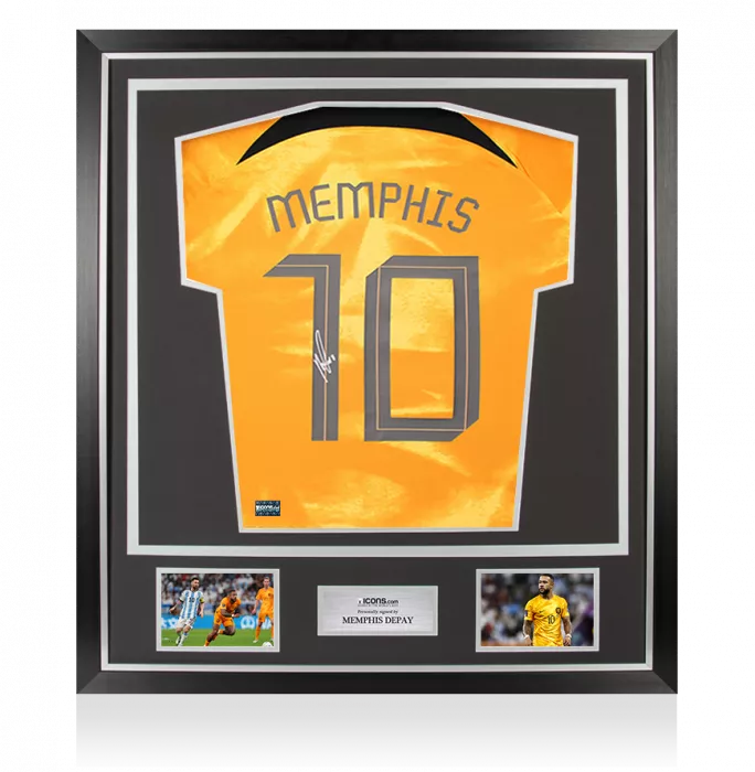 Memphis Depay Back Signed Netherlands 2022-23 Home Shirt with Fan Style Numbers In Classic Frame
