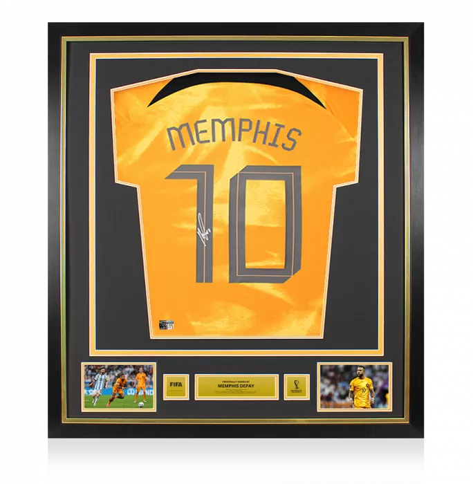 Memphis Depay Official 2022 FIFA World Cup™ Back Signed and Framed Netherlands 2022-23 Home Shirt with Fan Style Numbers