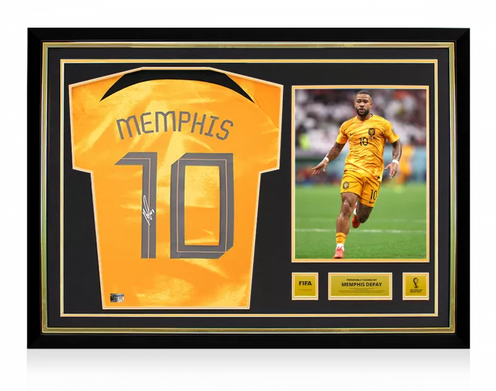 Memphis Depay Official 2022 FIFA World Cup™ Back Signed and Hero Framed Netherlands 2022-23 Home Shirt with Fan Style Numbers