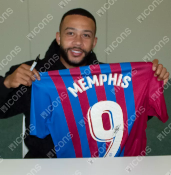 Memphis Depay Official FC Barcelona Back Signed And Framed 2021-22 Home Shirt