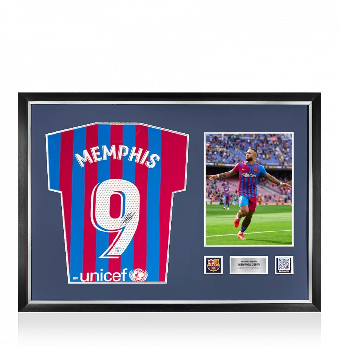 Memphis Depay Official FC Barcelona Back Signed and Framed 2021-22 Home Shirt