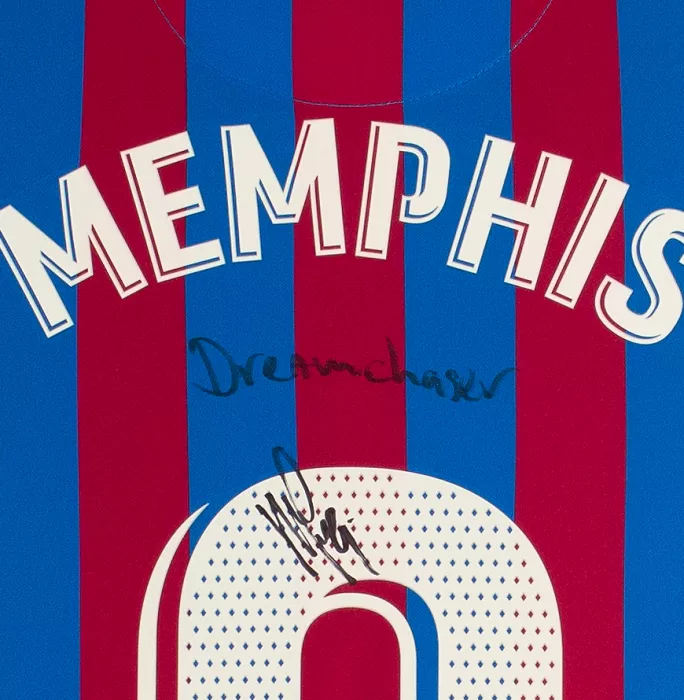 Memphis Depay Official FC Barcelona Front Signed And Framed 2021-22 Home Shirt: 'Dream Chaser' Special Edition