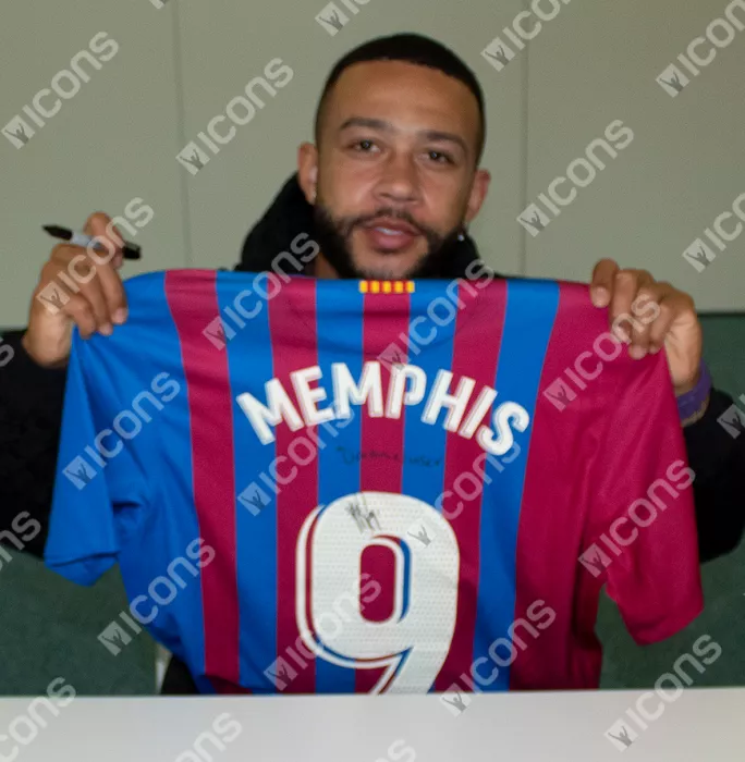 Memphis Depay Official FC Barcelona Front Signed And Framed 2021-22 Home Shirt: 'Dream Chaser' Special Edition