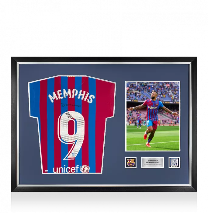 Memphis Depay Official FC Barcelona Front Signed and Framed 2021-22 Home Shirt: 'Dream Chaser' Special Edition