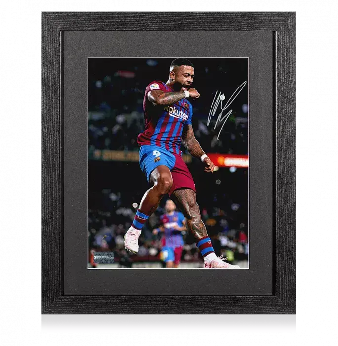 Memphis Depay Signed FC Barcelona Photo In Black Wooden Frame