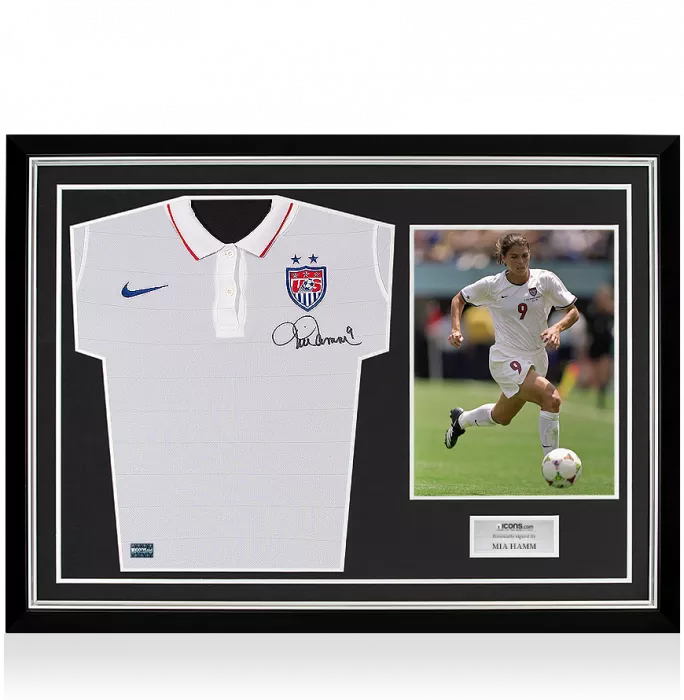 Mia Hamm Front Signed USWNT 2014 Home Shirt In Hero Frame: Option 1