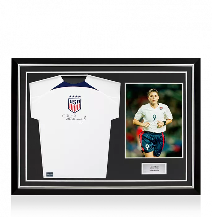 Mia Hamm Front Signed USWNT 2023 Home Shirt In Hero Frame: Option 1