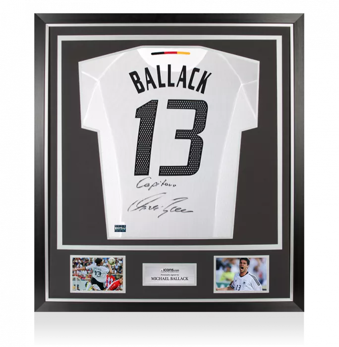 Michael Ballack Back Signed Germany 2002-04 Home Shirt - Capitano Inscription In Classic Frame