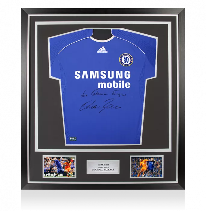 Michael Ballack Front Signed Chelsea 2006-08 Home Shirt - The German Engine Inscription In Classic Frame