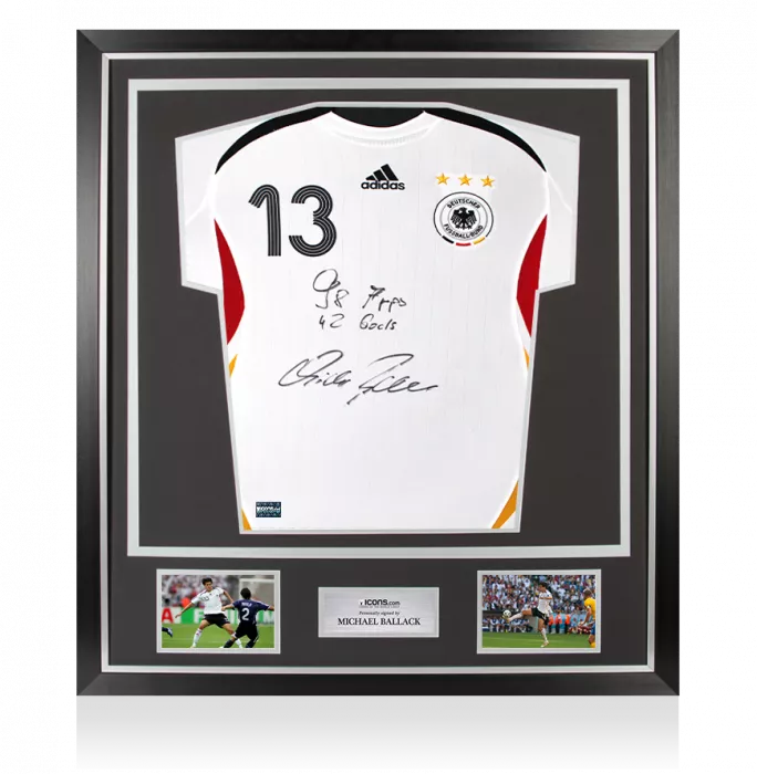 Michael Ballack Front Signed Germany 2005-07 Home Shirt - 98 Apps 42 Goals Inscription In Classic Frame