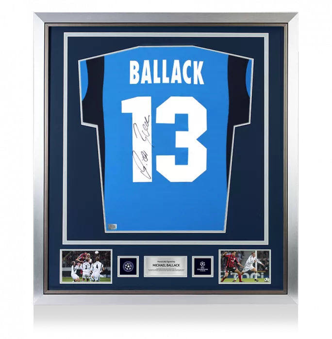 Michael Ballack Official UEFA Champions League Back Signed and Framed Bayer 04 Leverkusen 2001-03 Away Shirt