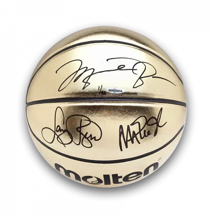 Michael Jordan Magic Johnson & Larry Bird Signed Molten Gold Trophy Basketball