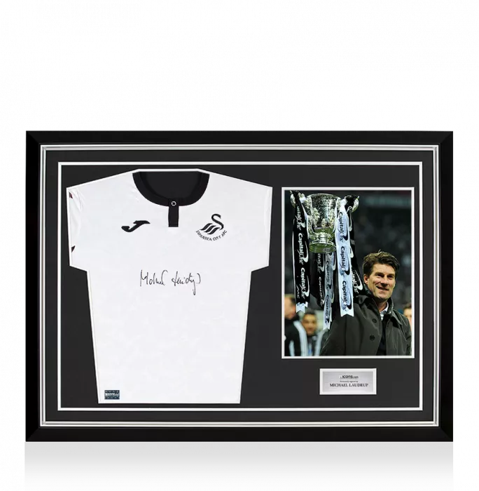 Michael Laudrup Front Signed Swansea City Home Shirt In Hero Frame: Option 1