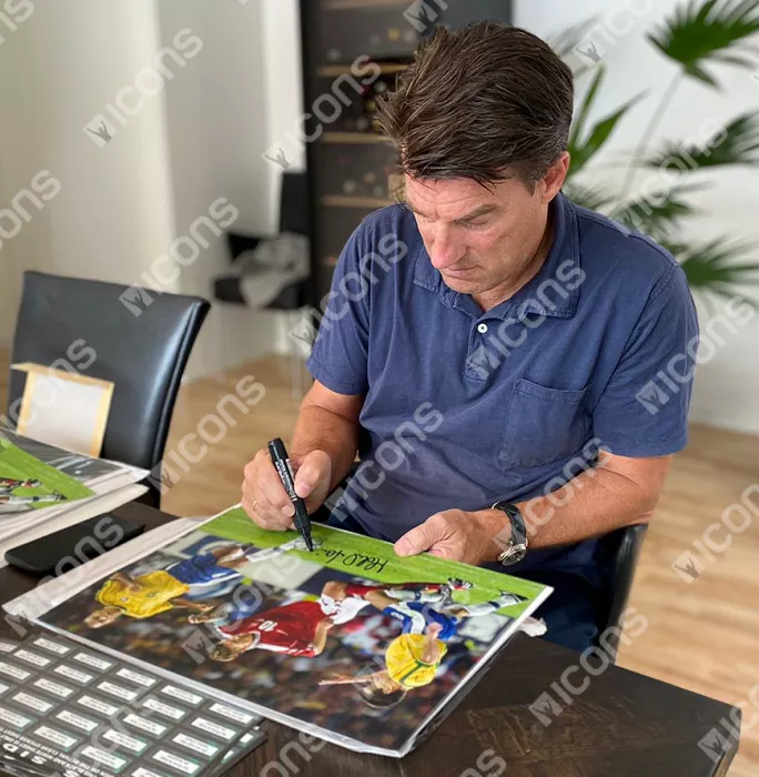 Michael Laudrup Signed Denmark Photo In Black Wooden Frame: 1998 FIFA World Cup Quarter-Final Vs Brazil