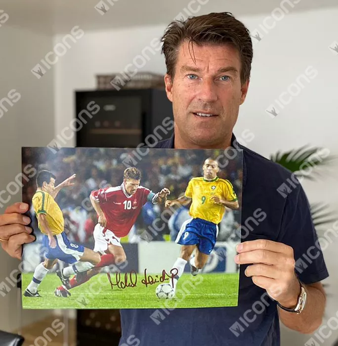 Michael Laudrup Signed Denmark Photo In Black Wooden Frame: 1998 FIFA World Cup Quarter-Final Vs Brazil