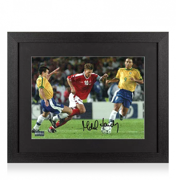 Michael Laudrup Signed Denmark Photo In Black Wooden Frame: 1998 FIFA World Cup Quarter-Final Vs Brazil