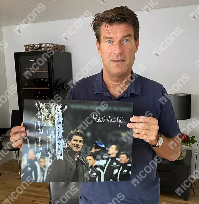 Michael Laudrup Signed Swansea Photo In Black Wooden Frame: 2013 League Cup Winner