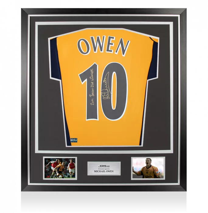 Michael Owen Back Signed Liverpool 2000-01 Away Shirt - 2001 Ballon d'Or Winner Inscription In Classic Frame