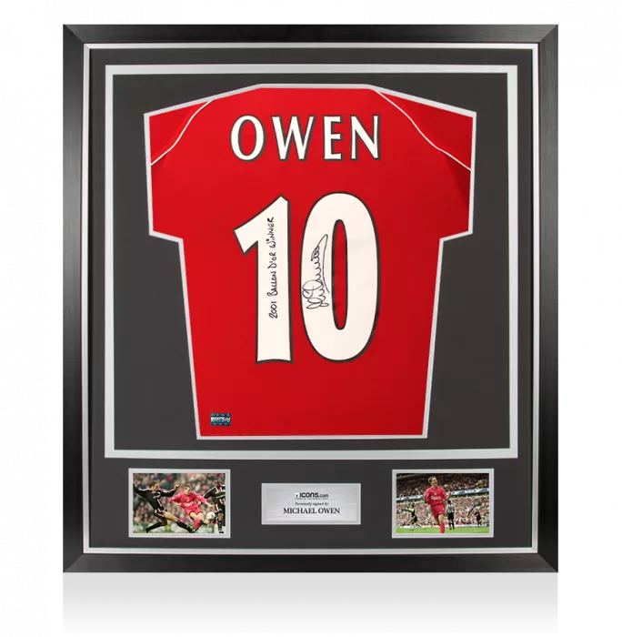 Michael Owen Back Signed Liverpool 2000-01 Home Shirt - 2001 Ballon D'Or Winner Inscription In Classic Frame