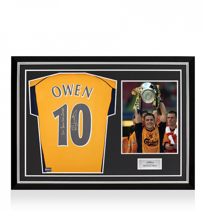 Michael Owen Back Signed Liverpool FC 2000 Away Shirt - "2001 Ballon d'Or Winner" Inscription In Hero Frame: Option 1