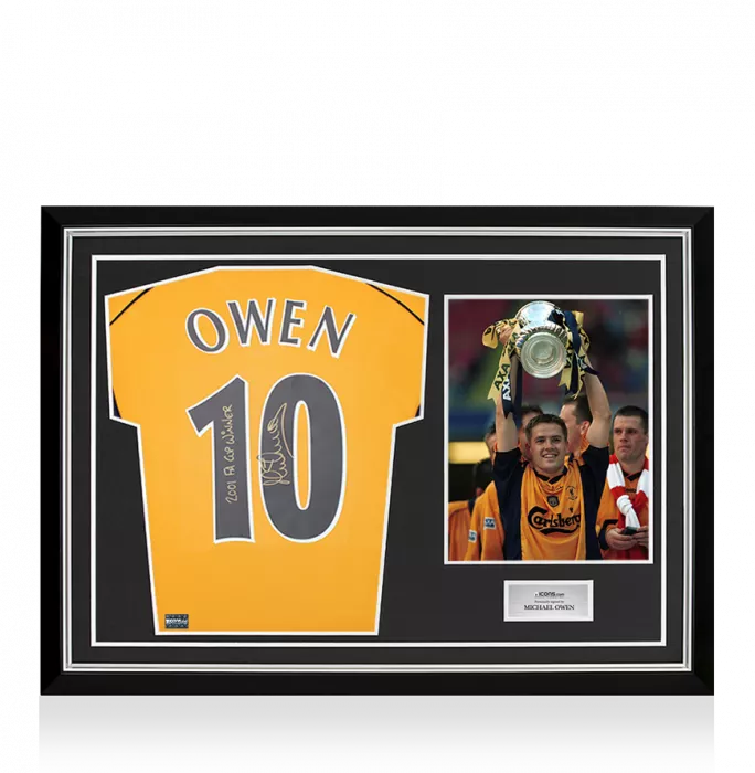 Michael Owen Back Signed Liverpool FC 2000 Away Shirt - "2001 FA Cup Winner" Inscription In Hero Frame: Option 1