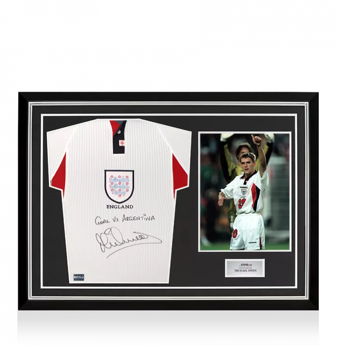 Michael Owen Front Signed England 1998 Home Shirt - Goal vs Argentina Inscription In Hero Frame: Option 1