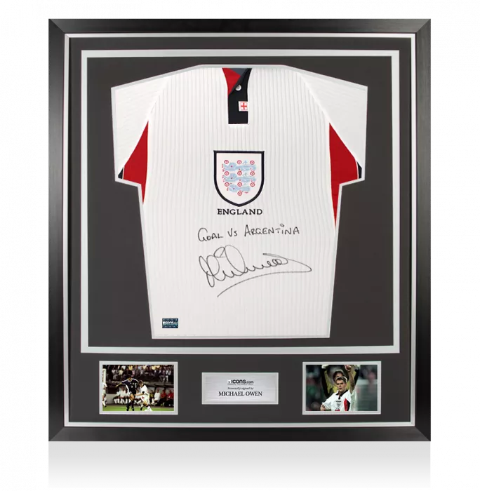 Michael Owen Front Signed England 1998 Home Shirt - Goal vs Argentina Inscription In Classic Frame