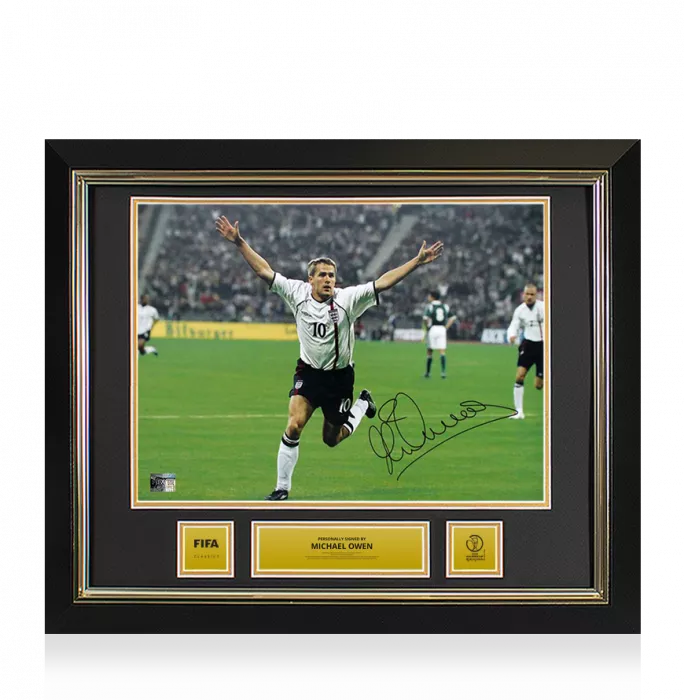 Michael Owen Official 2002 FIFA World Cup™ Signed and Framed England Photo: Goal vs Germany