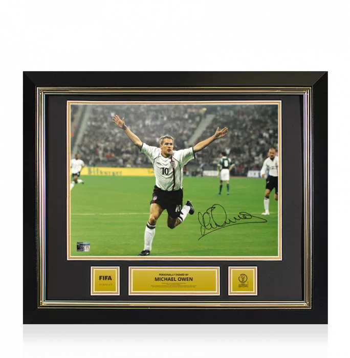 Michael Owen Official 2002 FIFA World Cup™ Signed and Framed England Photo: Goal vs Germany