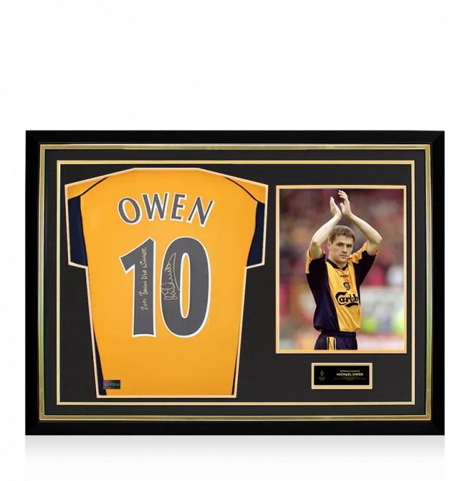 Michael Owen Official Ballon d'Or™ Back Signed and Hero Framed Liverpool FC 2000 Away Shirt - "2001 Ballon d'Or Winner" Inscription