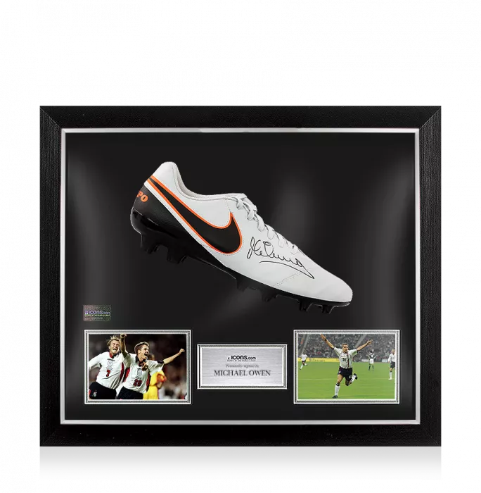 Michael Owen Signed Grey Nike Tiempo Boot In Bubble Frame: Option 1